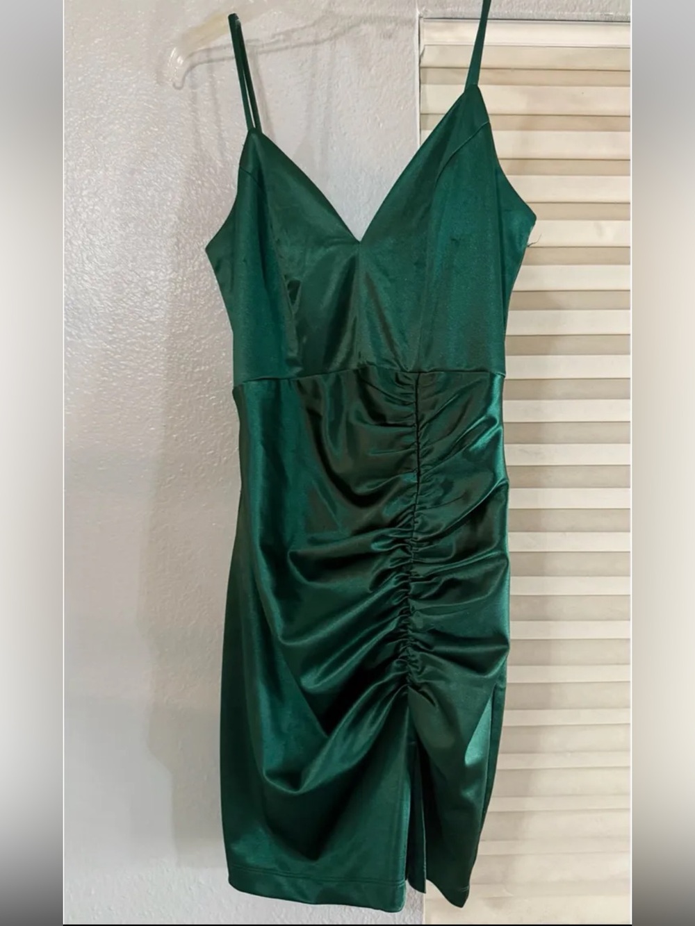 Satin Emerald Green Ruched Spaghetti Strap Mini Dress